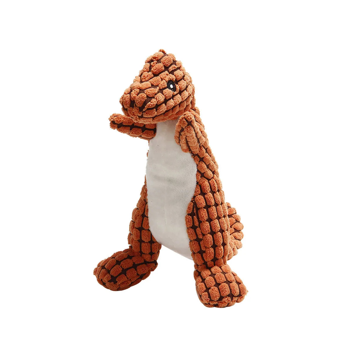 Grey, green, and orange coloured dog chew toy with sound, shown with size scale.