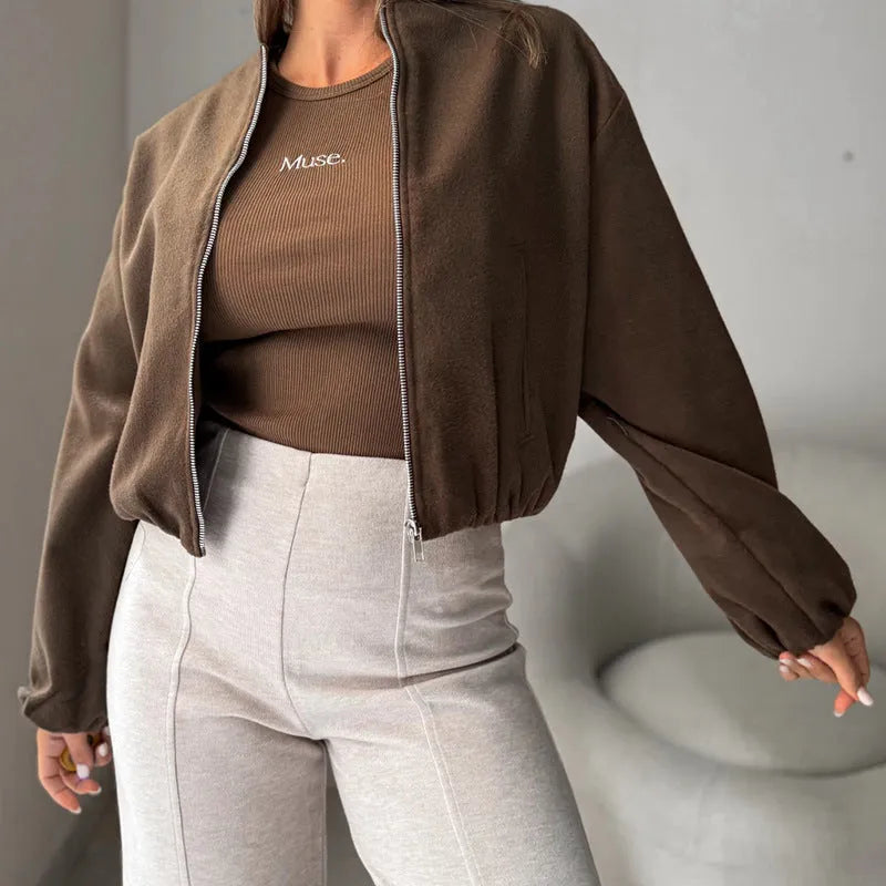 Women's off-shoulder short coat with lantern sleeves in polyester fabric, brown colour