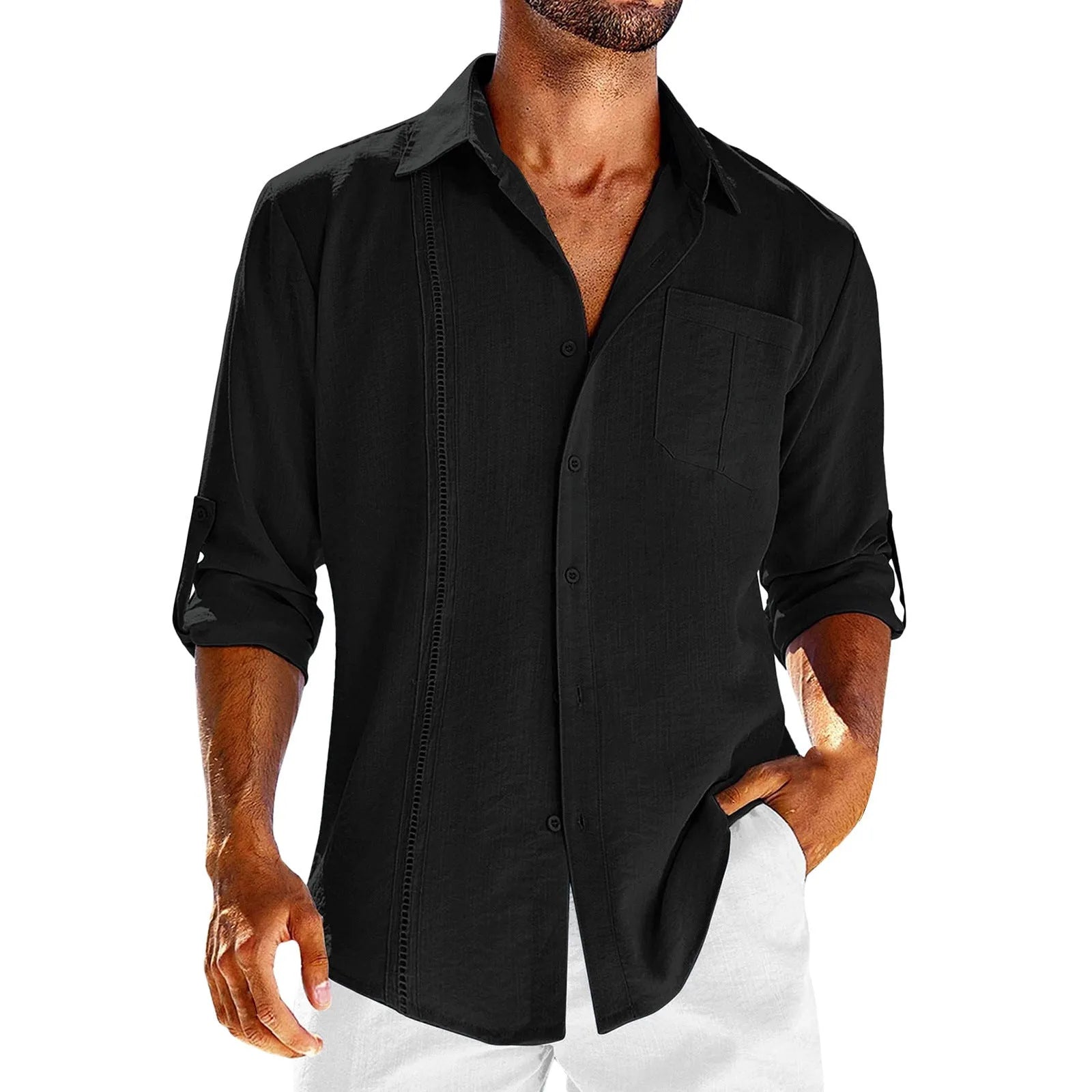 Men's grey long sleeve shirt with polo collar lace detail and button front.