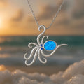 Silver stainless steel octopus pendant necklace with genuine opal gemstone inlay and box chain