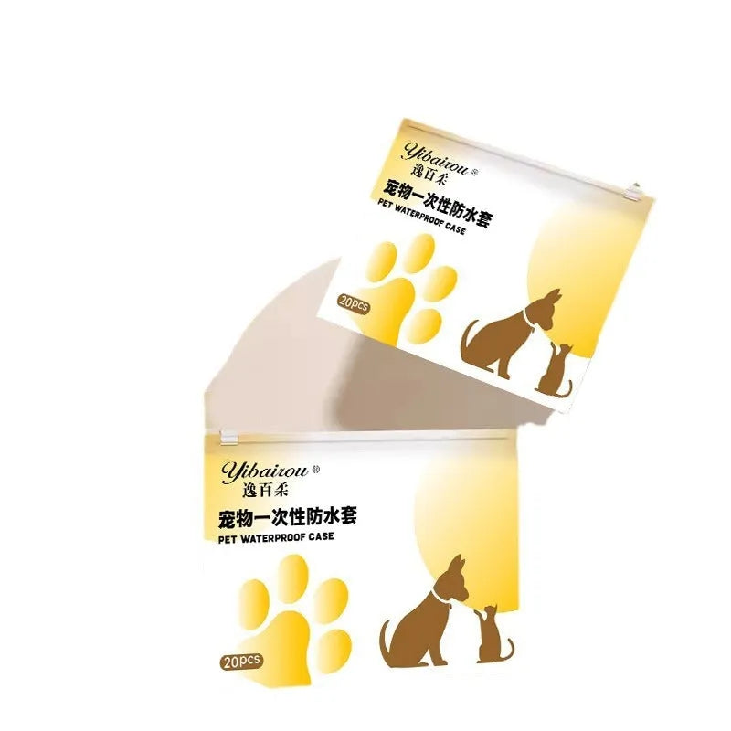 White disposable waterproof shoe covers for dogs with non-slip soles in two size options