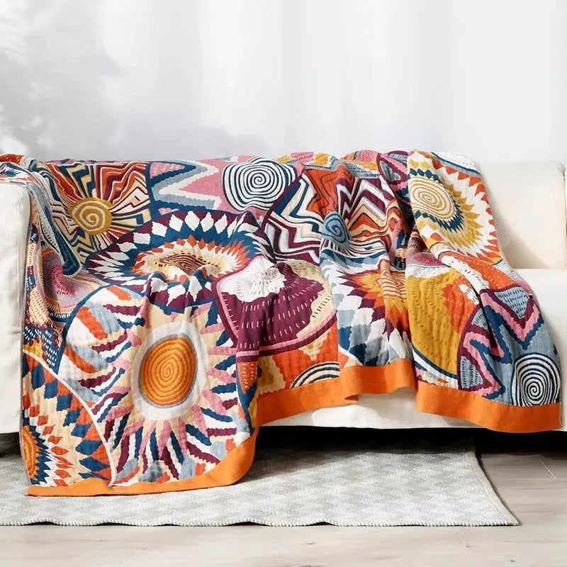 Blue five-layer gauze pure cotton blanket folded to show texture and modern printed pattern.