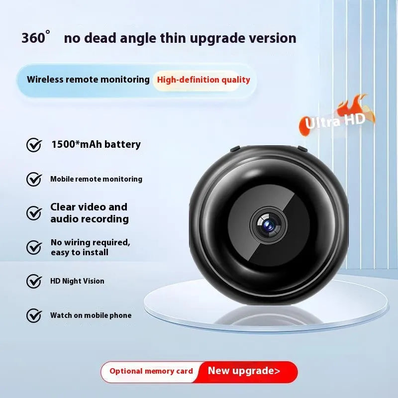 Wireless 360-degree rotating security camera on a stand with HD night vision.