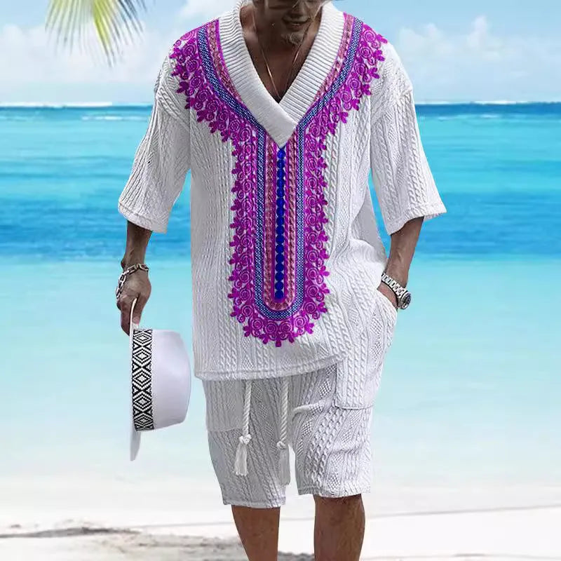 Printed drop-shoulder men's knitted short-sleeved top and matching shorts casual suit set