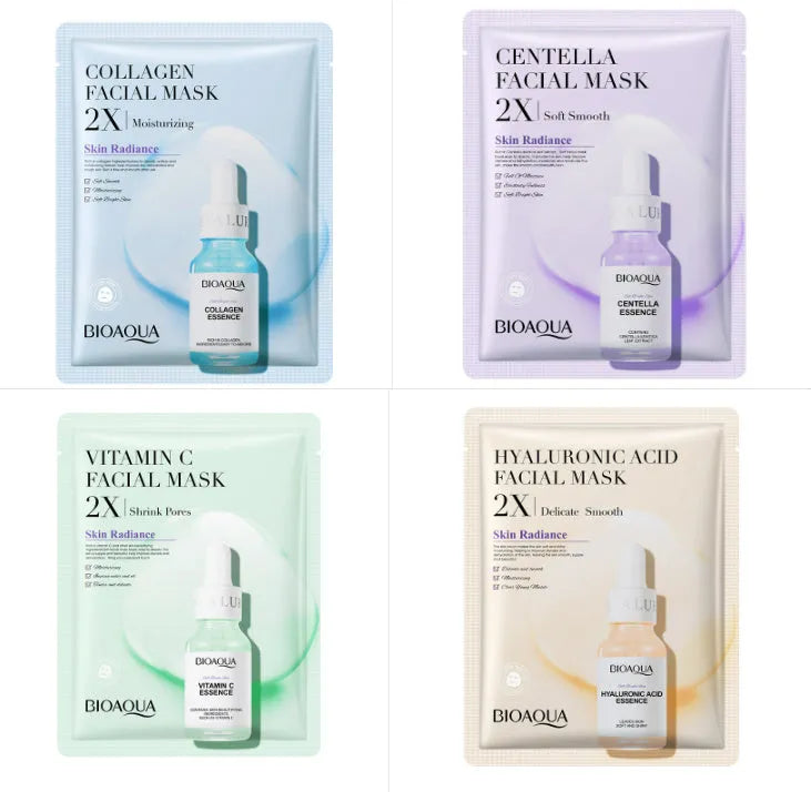Single-use gel facial sheet mask in packaging, 30g collagen or hyaluronic acid formula.