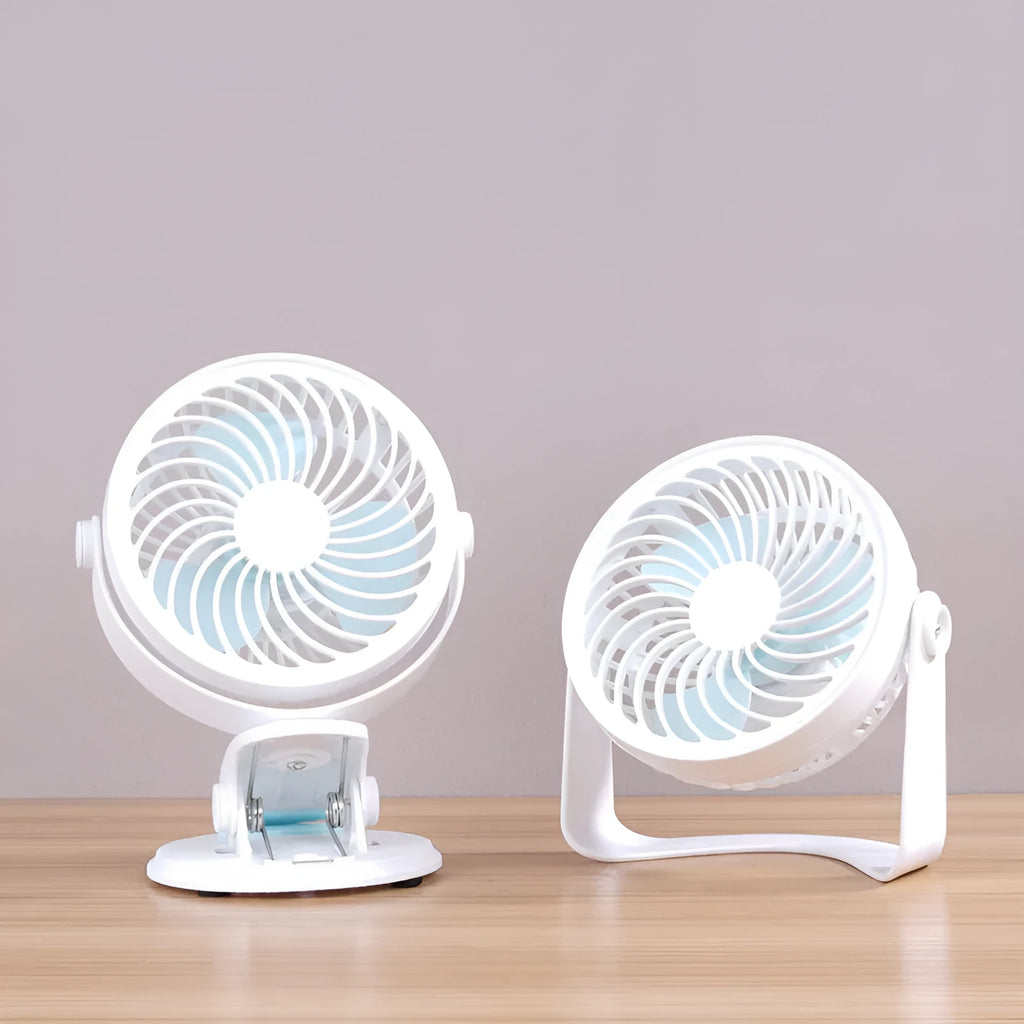 Small white USB desk fan shown in clip-on and floor-standing styles on a wooden desk.