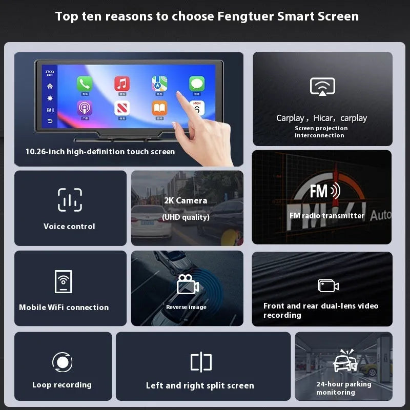 10-inch car touchscreen display showing Apple CarPlay interface and driving recorder footage