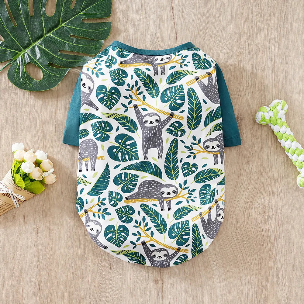 Printed dog t-shirt for small breeds with full-print design showing seasonal casual wear