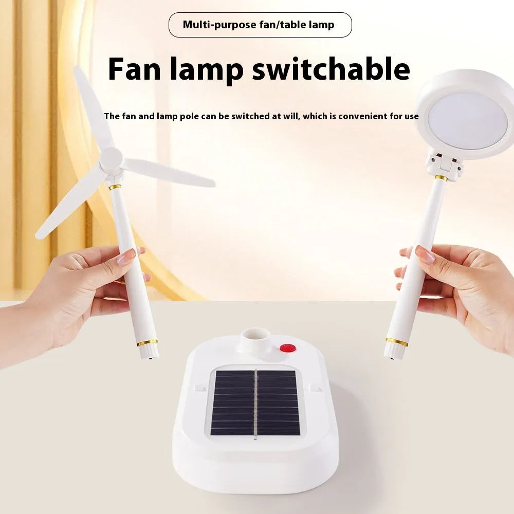 Ivory white solar charging table fan with dual-purpose LED study lamp on desk