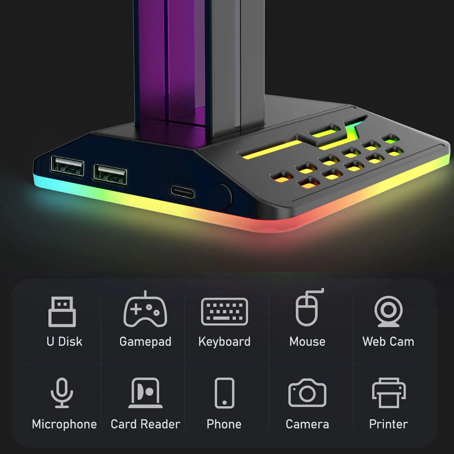 Headset display rack with RGB lighting and dual USB ports on a desk