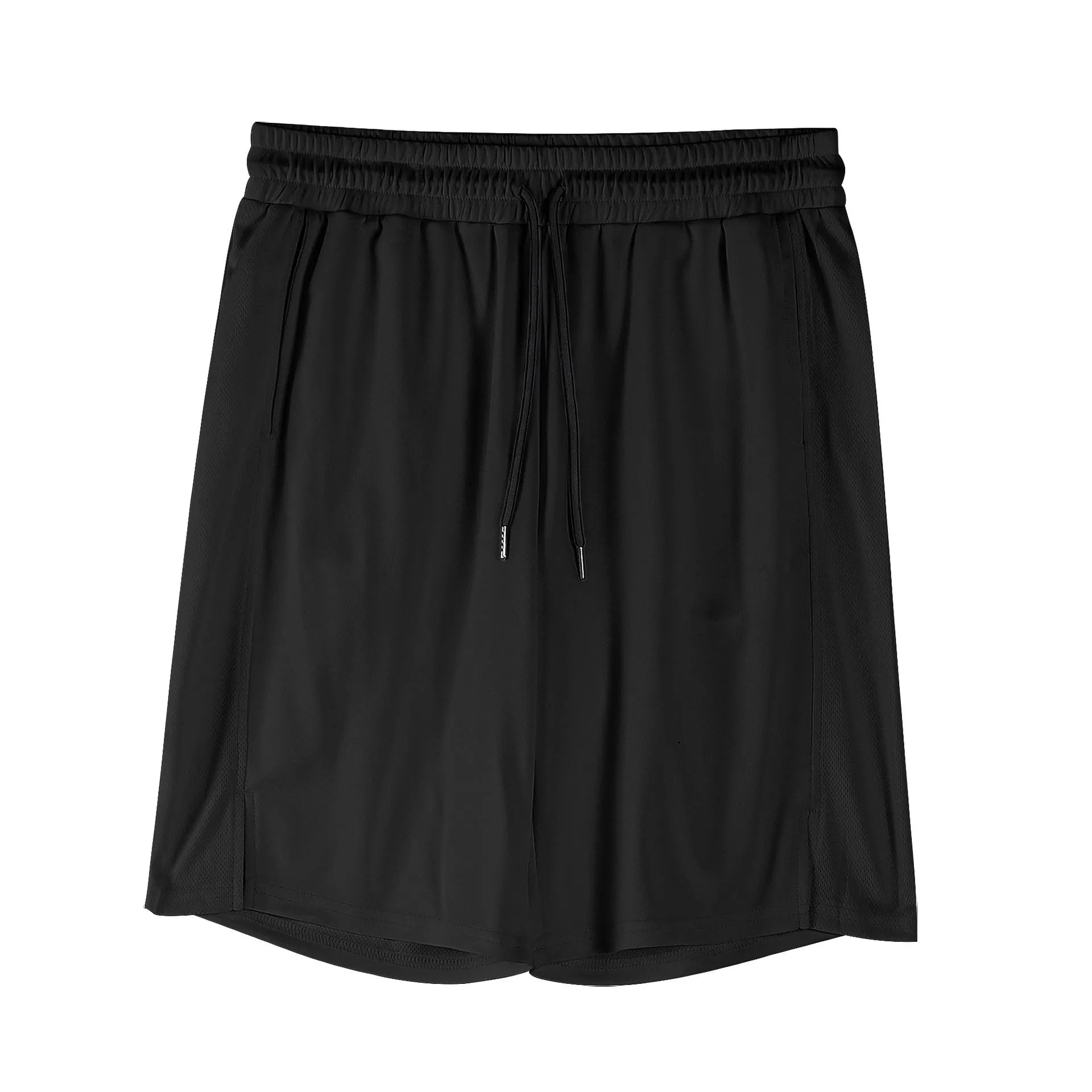 Men's black mesh fitness shorts with quick-drying fabric and mid-waist loose casual design