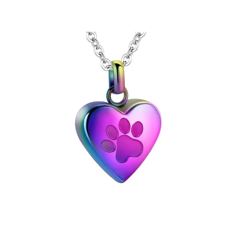 Openable heart-shaped titanium steel memorial necklace with love paw print design in silver finish.