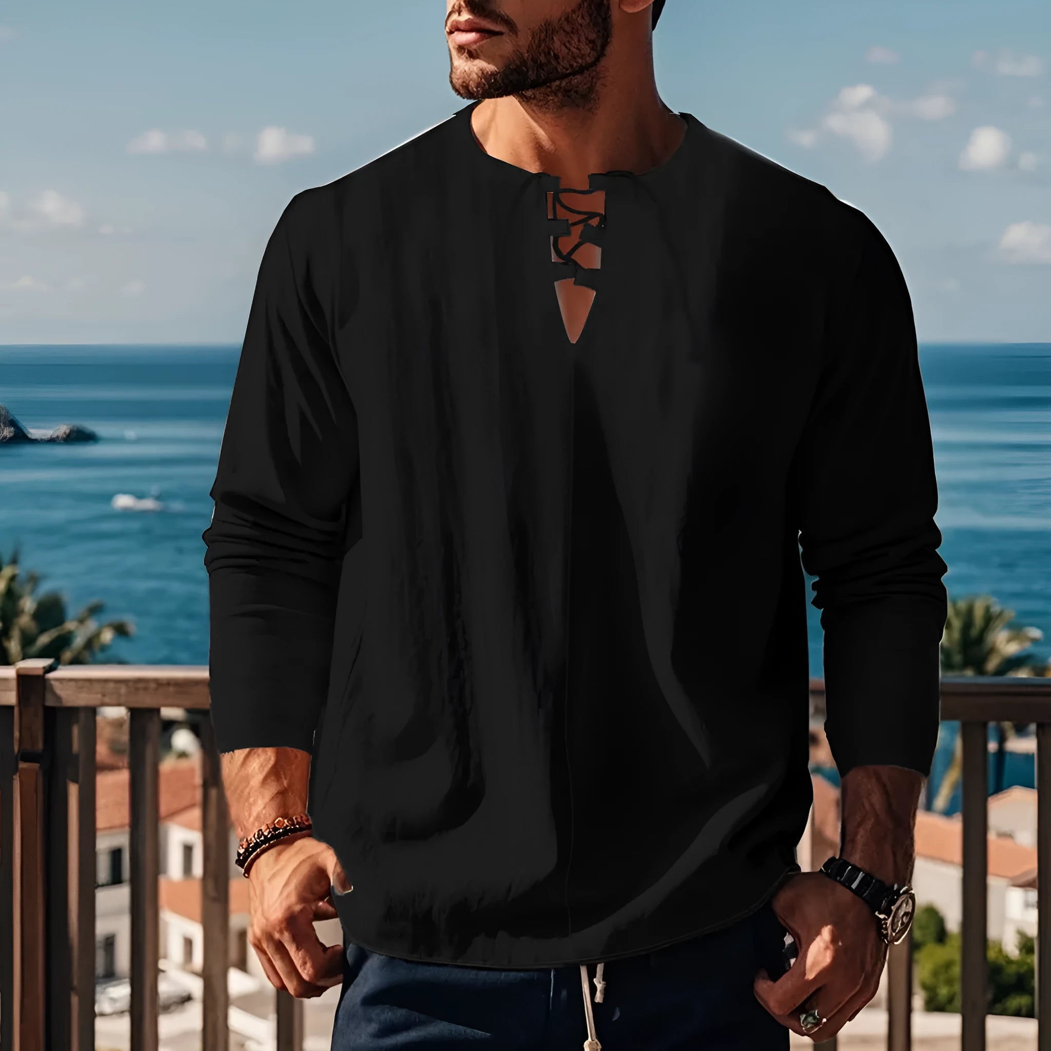 Men's solid colour cotton linen beach ruff pullover shirt in loose fit
