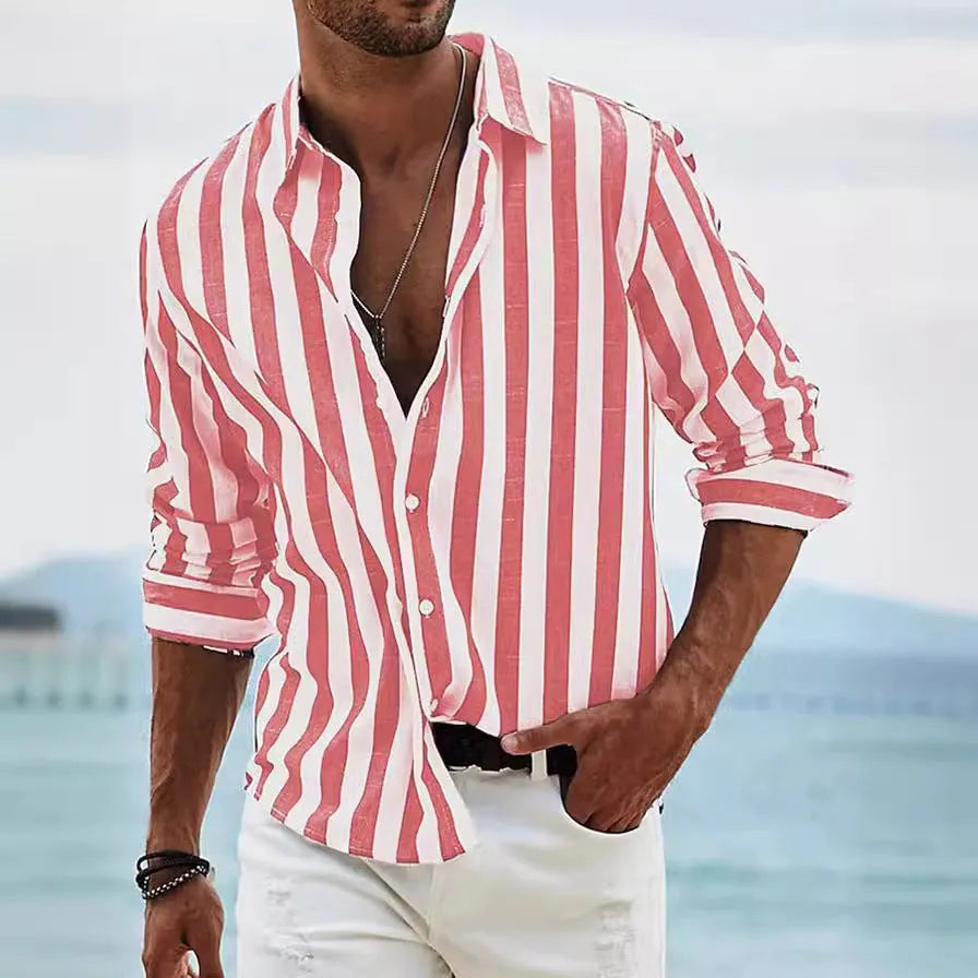 Men's yarn-dyed striped casual shirt in British style cardigan cut with loose fit long sleeves