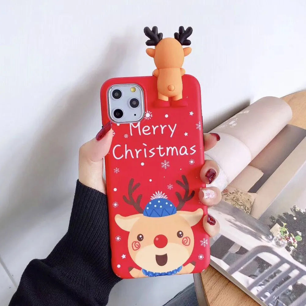Christmas-themed silicone back cover case for iPhone on a red background.