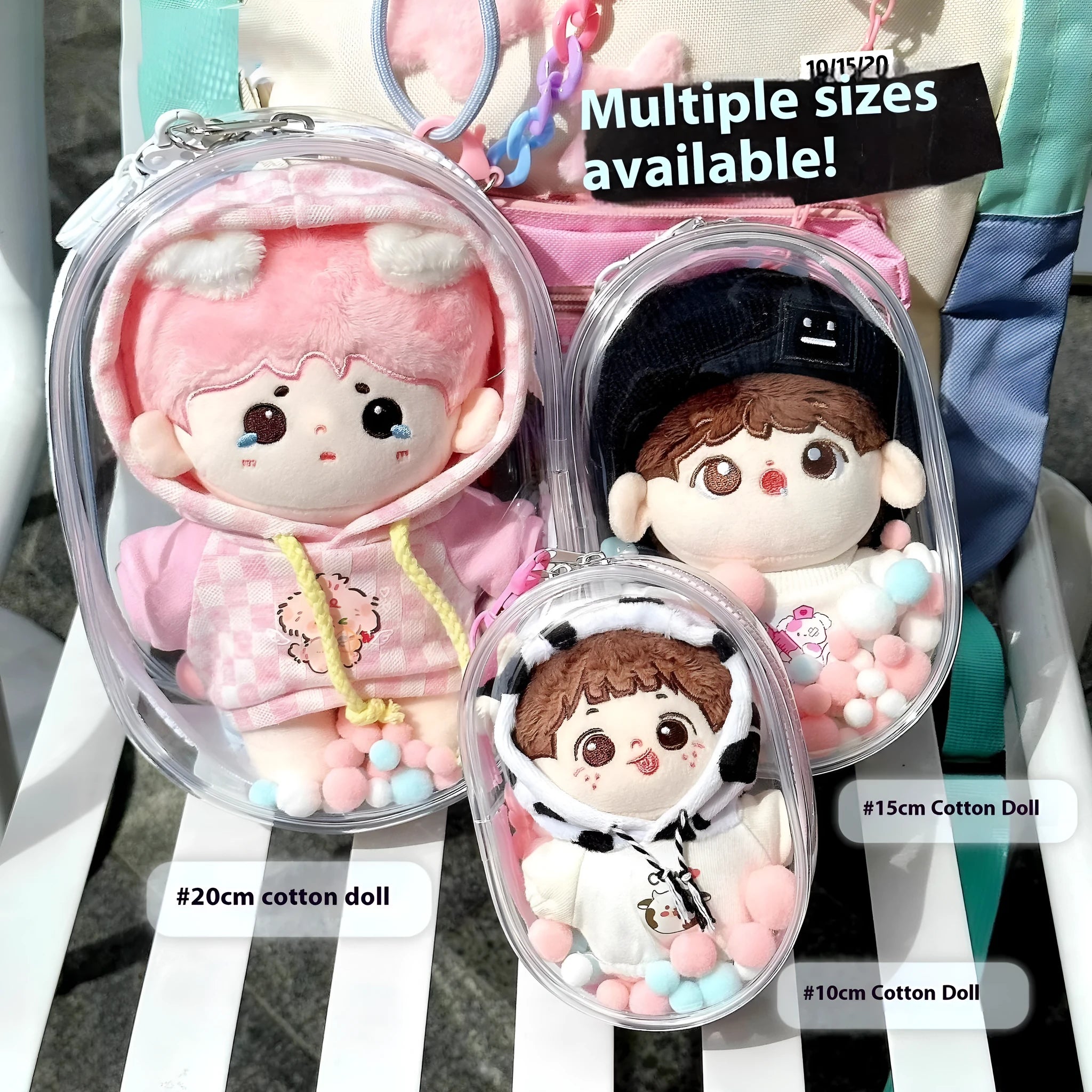 Transparent PVC cube storage bag for cotton dolls with zip closure, shown in avocado green colour.