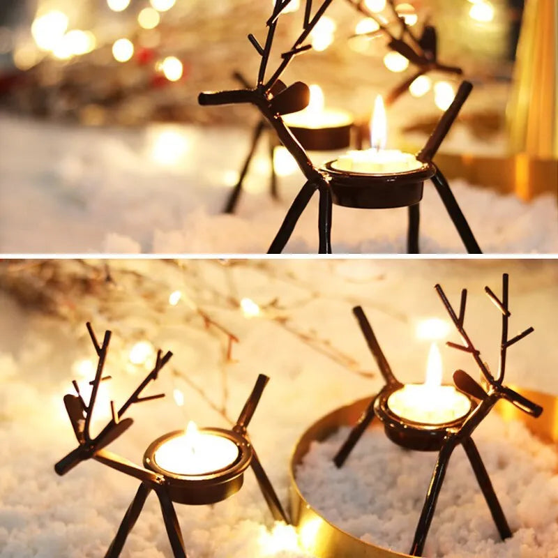 Black iron Christmas candlestick holder with detailed elk and deer design