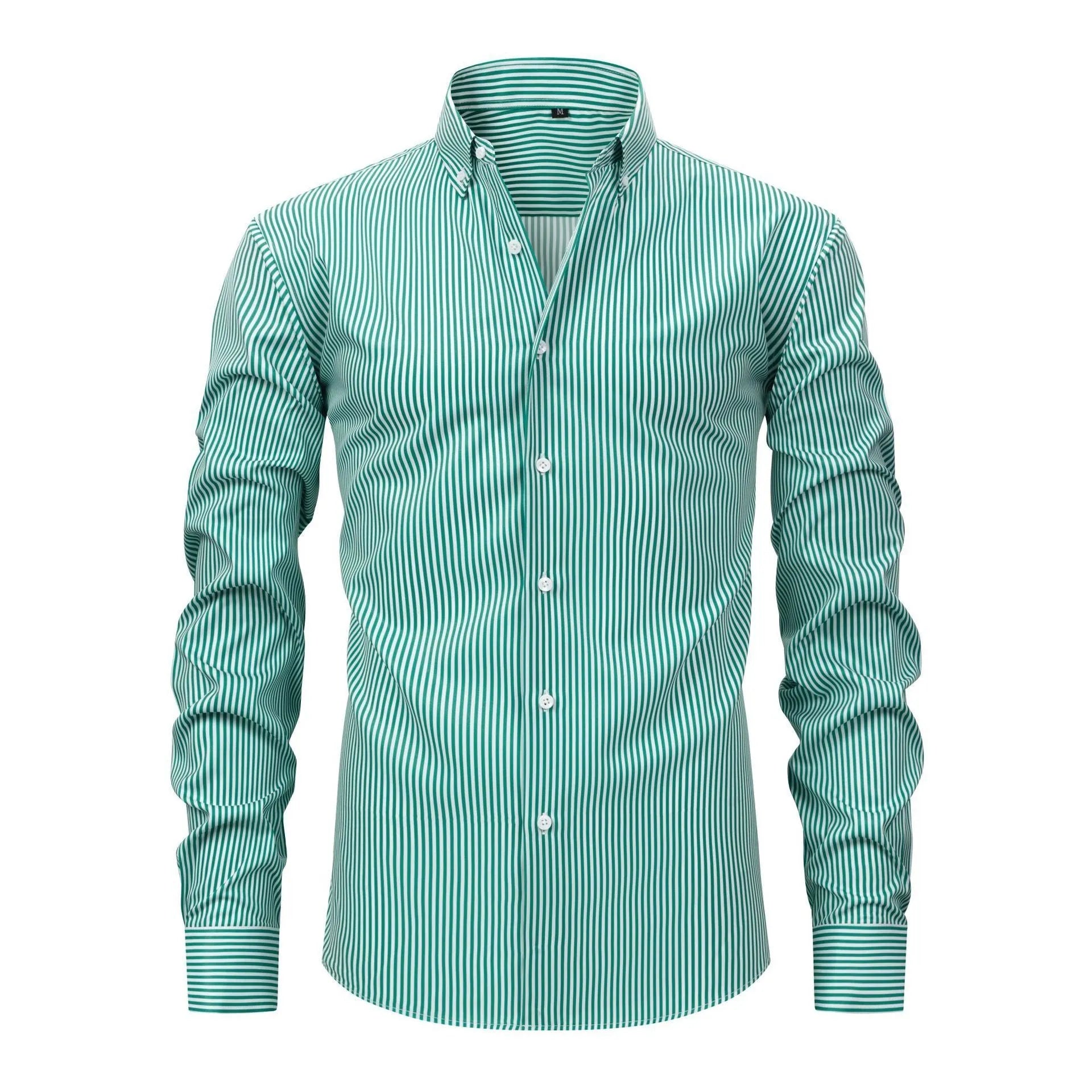 Man wearing a striped long-sleeved business shirt with a lapel collar in an anti-wrinkle fabric.