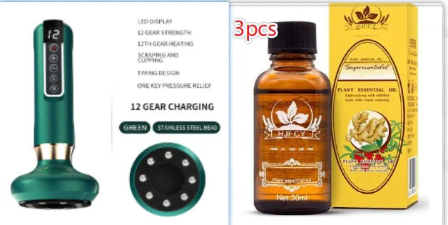 Green electric vacuum cupping massager with adjustable suction and heating controls