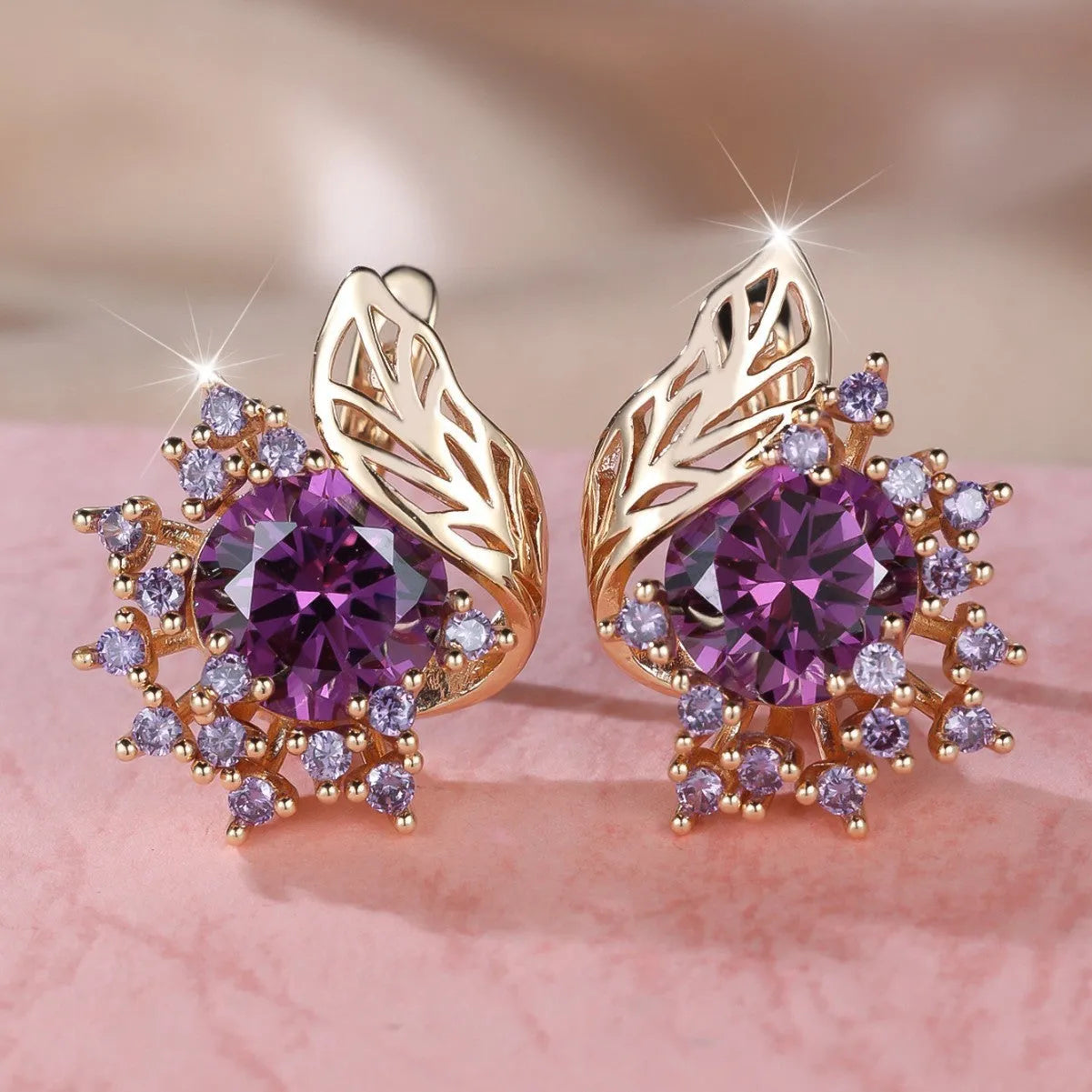 Round flowers feather zircon earrings in rose gold electroplated finish with multiple diamond colour options