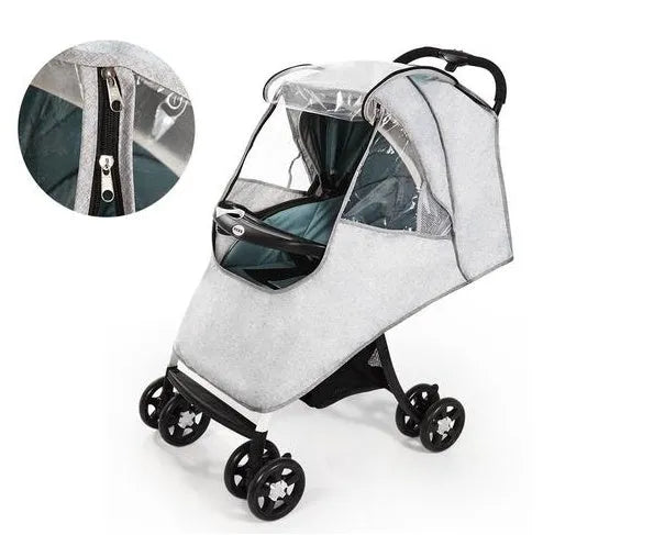 Universal baby stroller rain cover in blue with nonslip attachments on handle and pedal