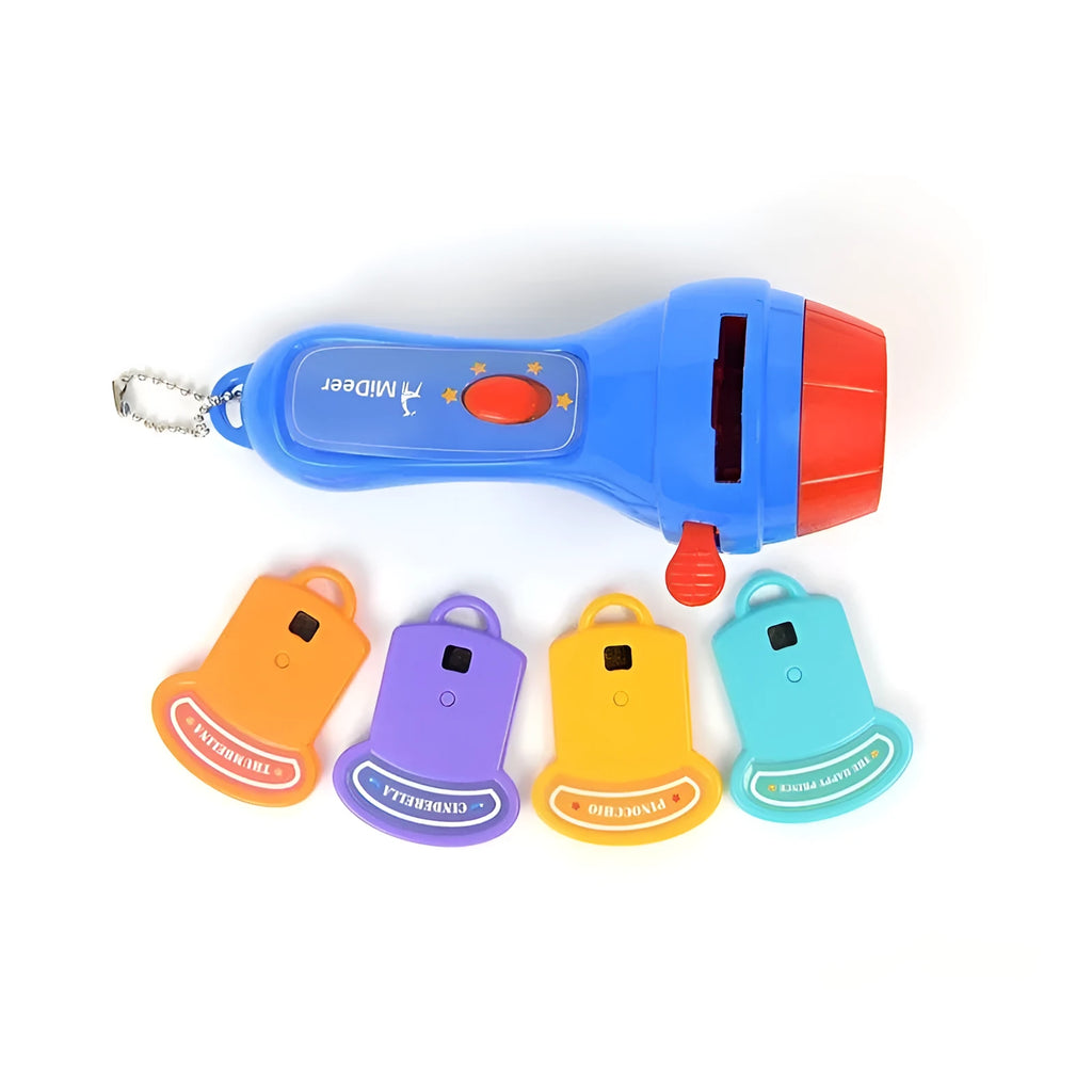 SmartKids children's handheld story projector torch with four clip-on story discs.