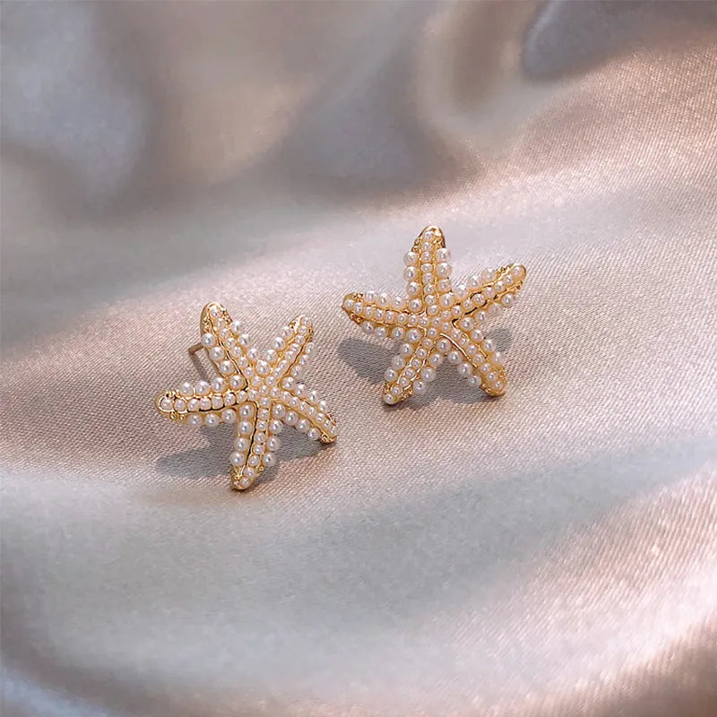 Korean style pineapple starfish pearl drop earrings with electroplated alloy and artificial gemstones