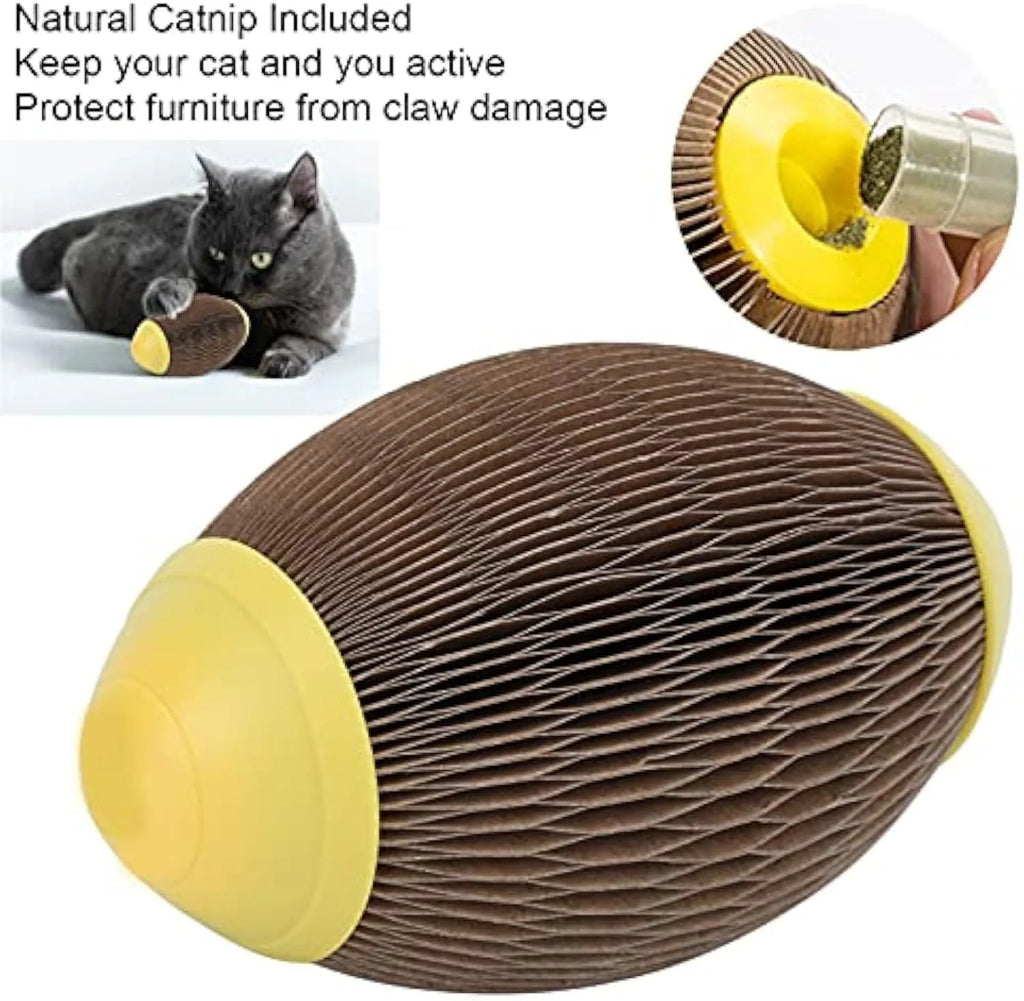 Elliptical corrugated paper cat toy ball with scratch surface for catnip insertion.