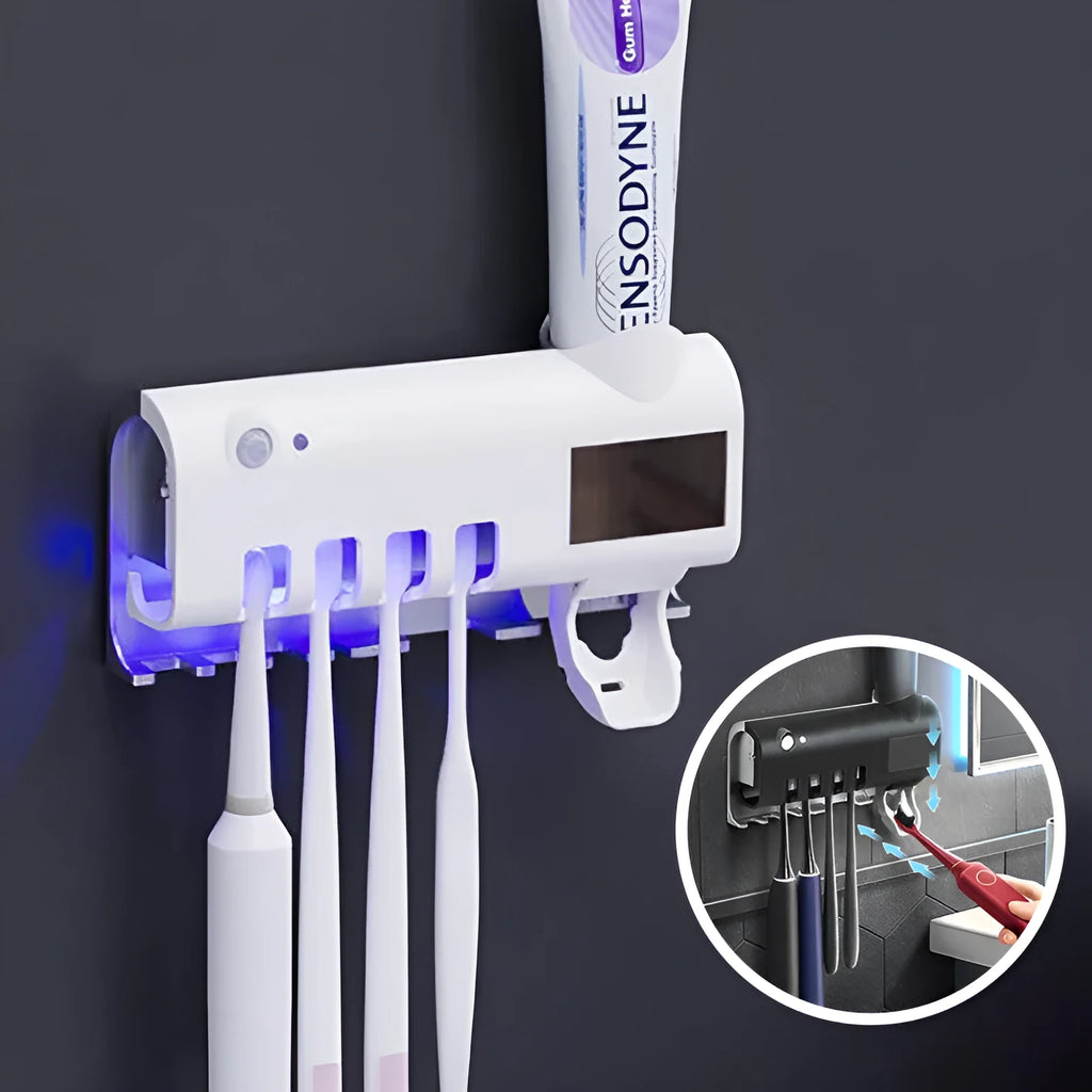 Wall-mounted UV toothbrush sterilizer with automatic toothpaste squeezer in black finish
