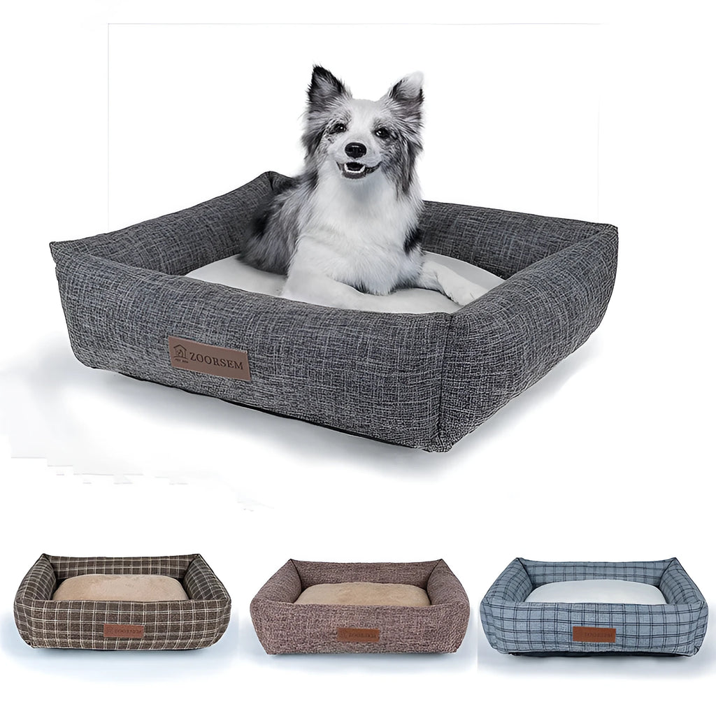 Grey linen square dog bed for small to extra large dogs, also available in brown and plaid colours.