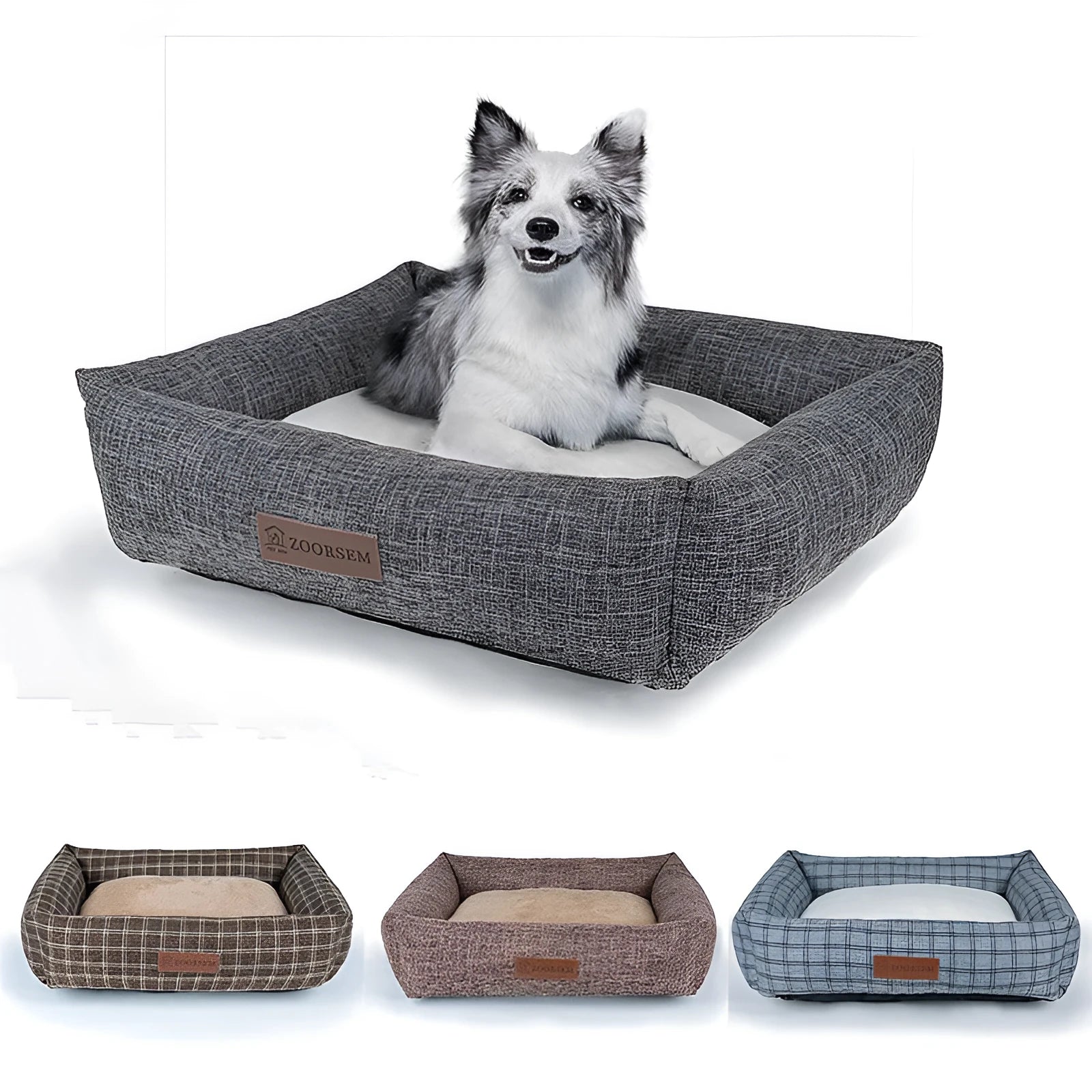 Grey linen square dog bed for small to extra large dogs, also available in brown and plaid colours.