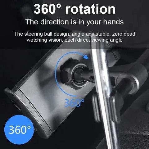 Black car phone holder mounted on vehicle rear seat for universal phone and tablet compatibility