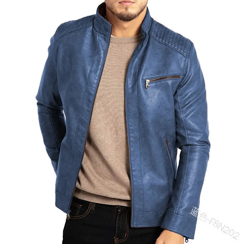 Men's brown artificial leather punk motorcycle jacket with stand collar and straight hem.