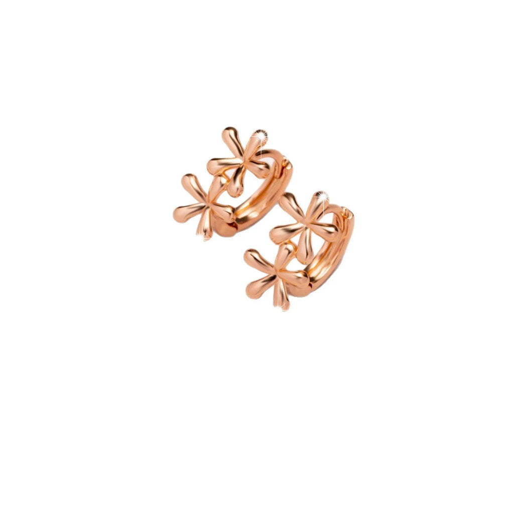 Circular rose gold electroplated earrings with a waterdrop floral design