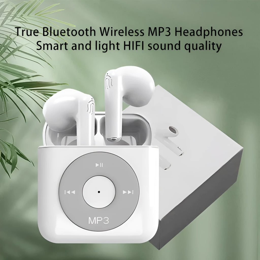 White wireless Bluetooth earphones with charging case, semi in-ear design with noise reduction.