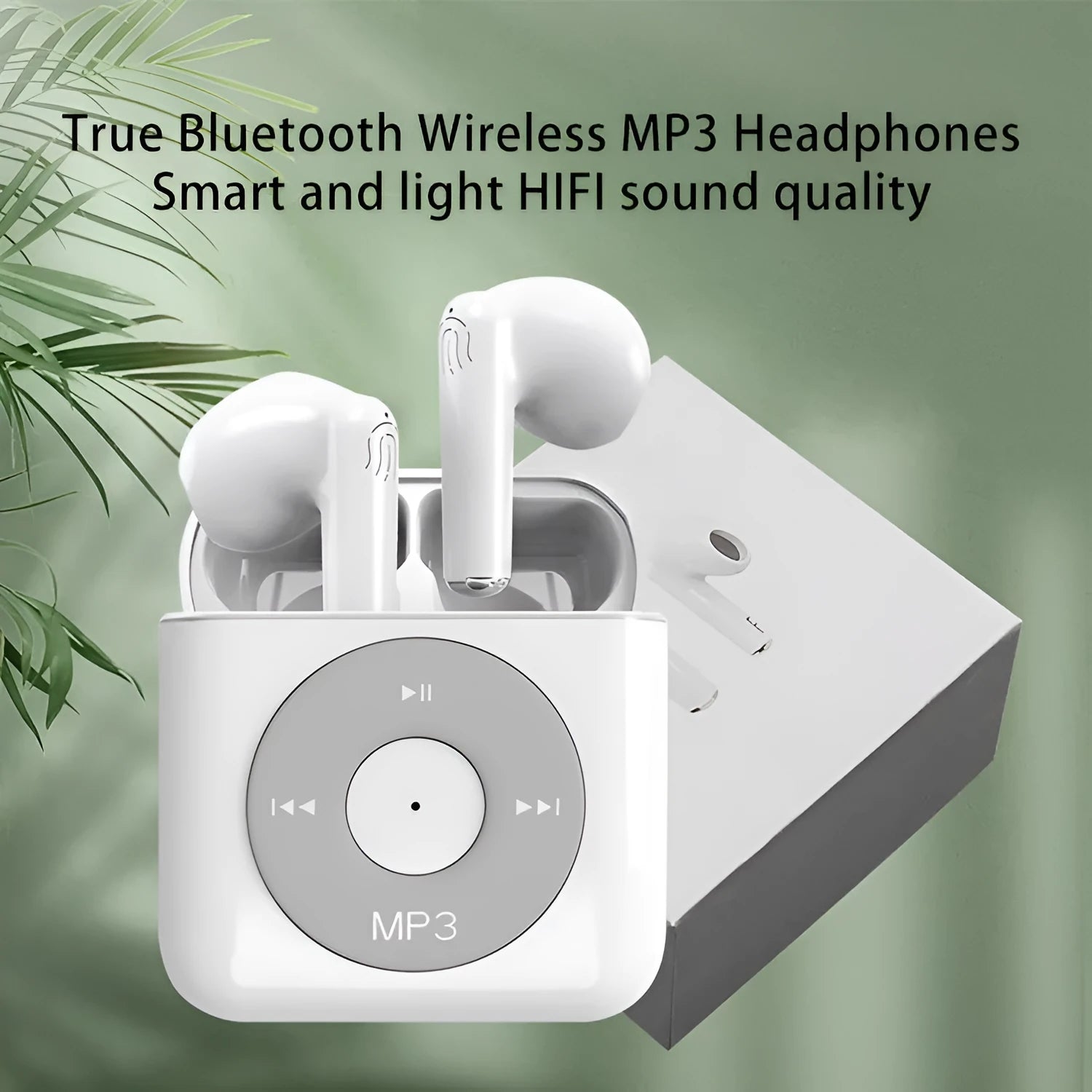 White wireless Bluetooth earphones with charging case, semi in-ear design with noise reduction.
