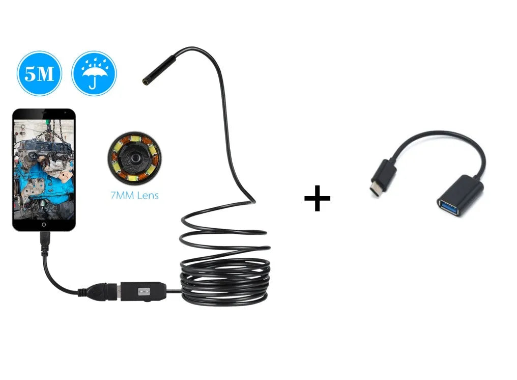 OWSOO USB endoscope camera with 5m cable, small hook, magnet, and side audition tools on a table.