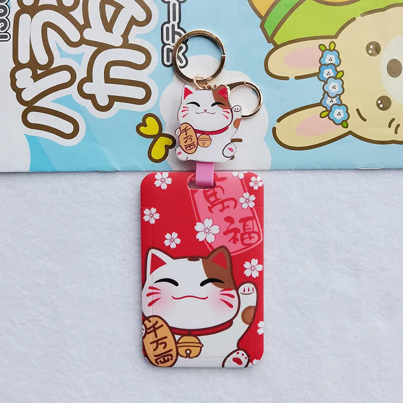 Lucky Cat blessing certificate set showing plastic card sleeve and ferrule pendant in cartoon style.