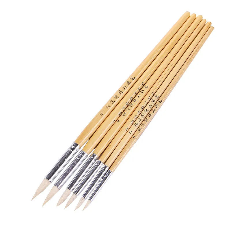 Set of six artistic wool pointed brushes with wooden handles for detailed painting
