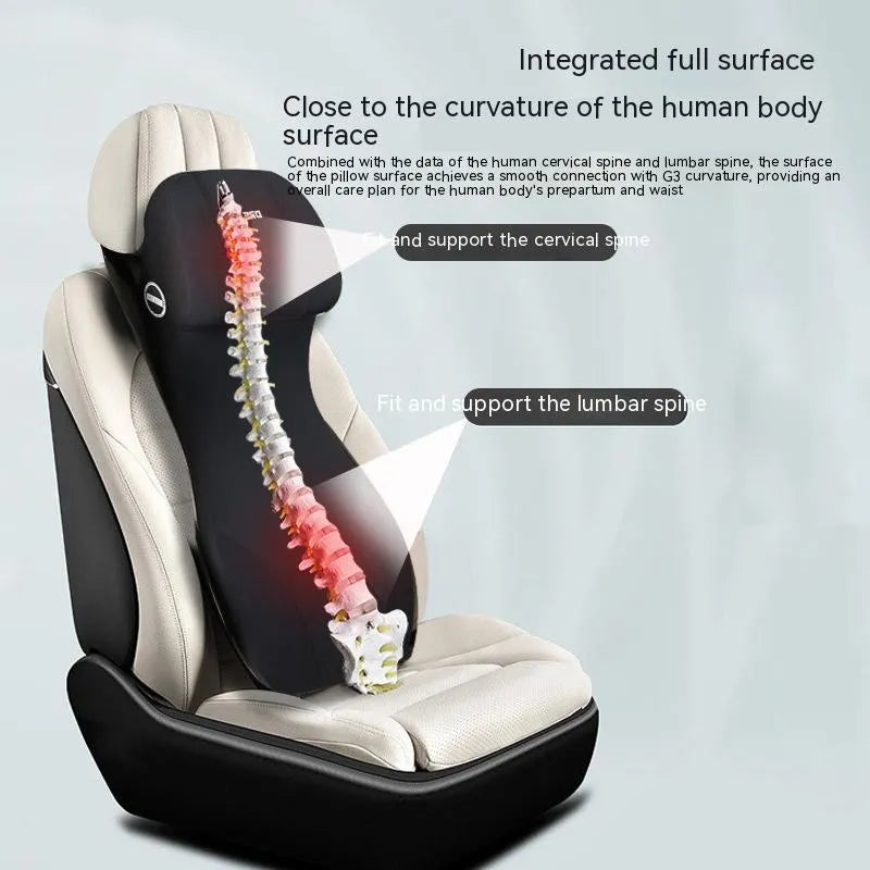 Automotive memory foam cushion and integrated lumbar support pillow in simple style.