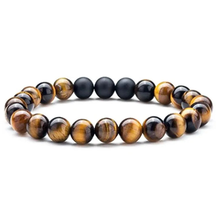 Pair of matte black agate bead bracelets with geometric design for couples.