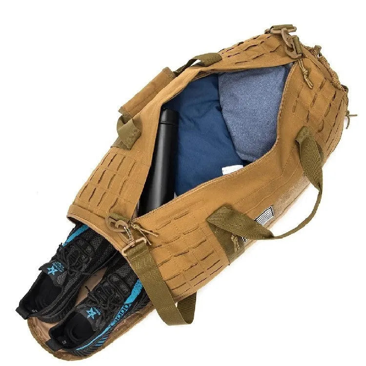 Men's khaki waterproof sports handbag with air pillow shoulder strap, showing 56x26x25cm size