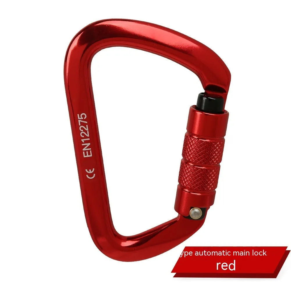 D-shaped climbing carabiner lock with automatic or threaded gate in colours: black, blue, orange, red, silver red.