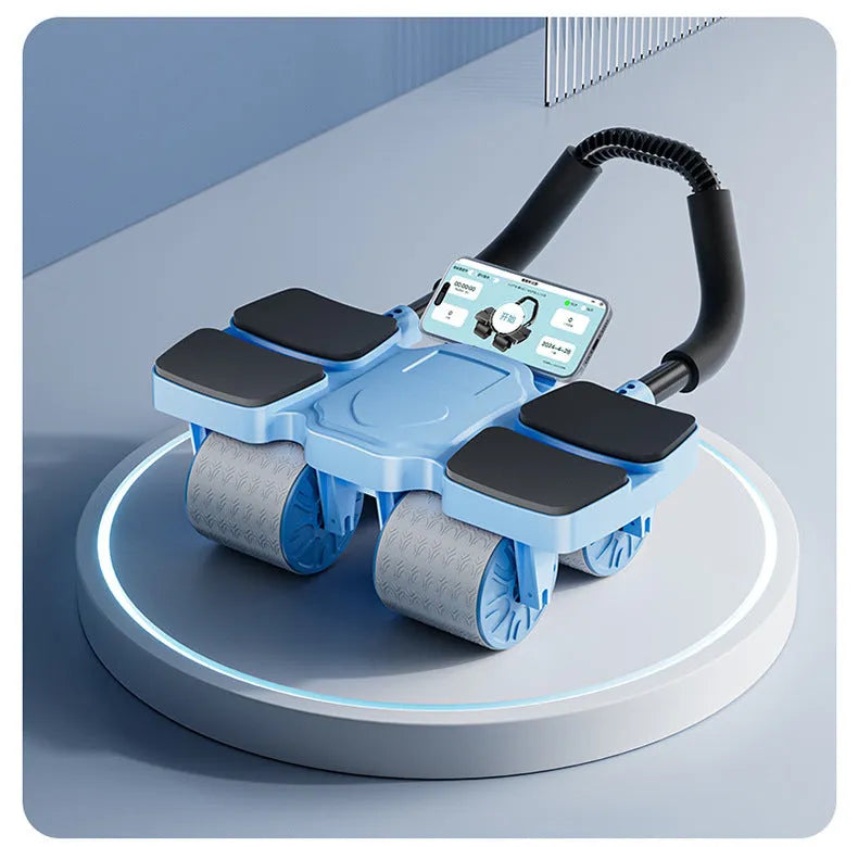 Black automatic rebound abdominal wheel with four wheels on a floor.