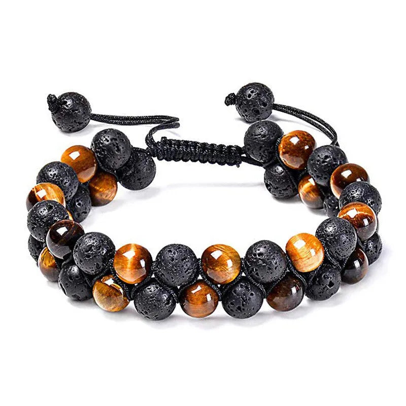 Pair of matte black agate bead bracelets with geometric design for couples.