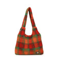 Women's plaid plush crossbody tote bag in Army Green, showing horizontal square shape and shoulder strap.