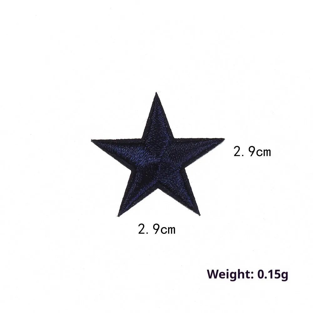 Colourful embroidered five-pointed star designs on cloth sticker labels for DIY clothing customisation.