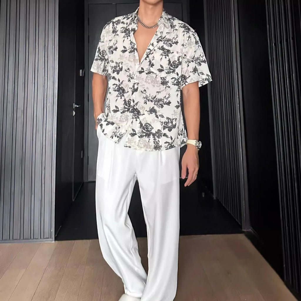 Men's loose fitting floral print short sleeve casual shirt in black and white colour options