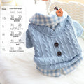 Blue wool plaid dog sweater with fleece lining shown on small dog, fake two-piece design