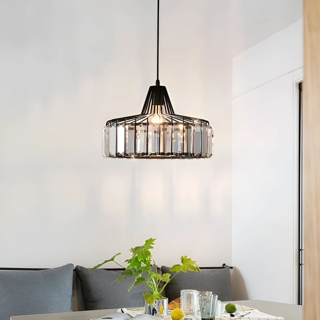 Modern crystal ceiling pendant lamp with LED lighting in gold finish showing crystal decorative elements